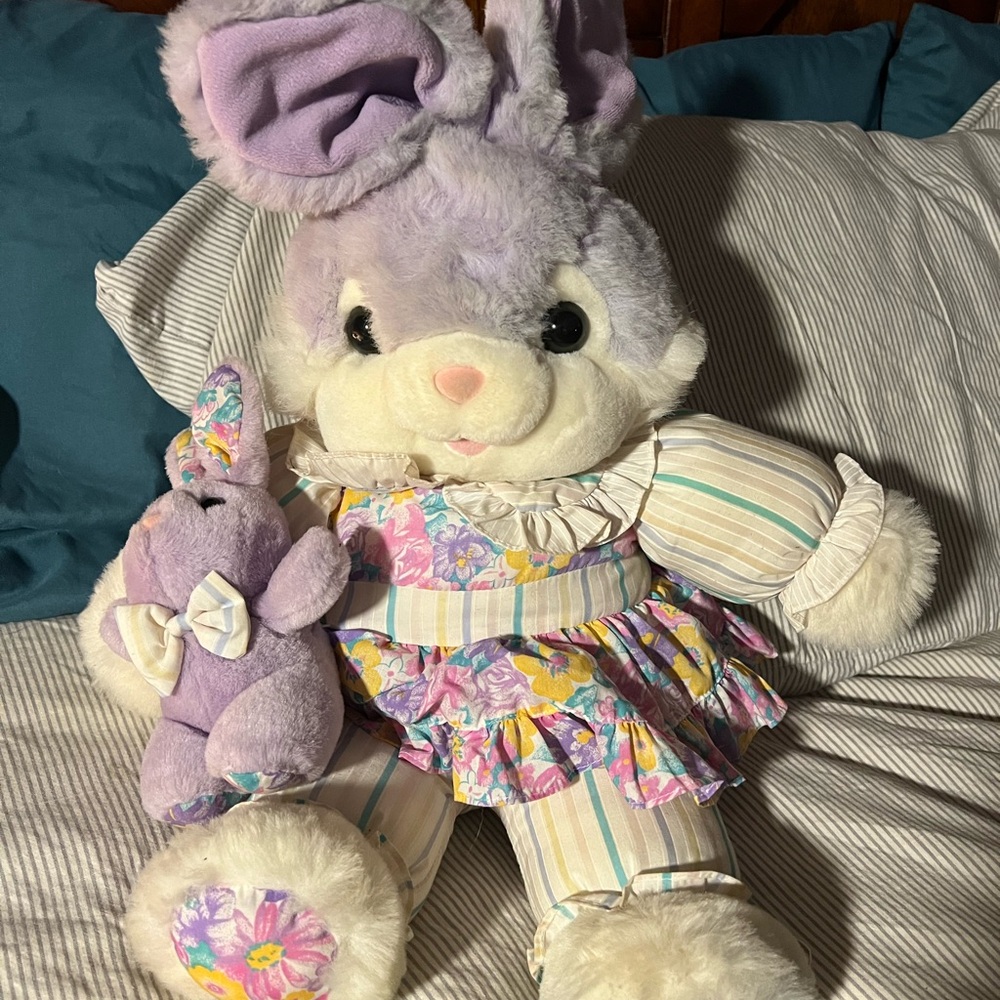 Vintage TB Trading Plush Purple Bunny Rabbit Holding Baby 90's Floral 24" Hoppy